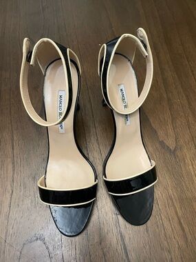 Manolo Blahnik Black Patent Sandals with Cream Trim
